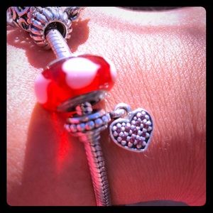 2 charms, heart Murano glass and dangle heart